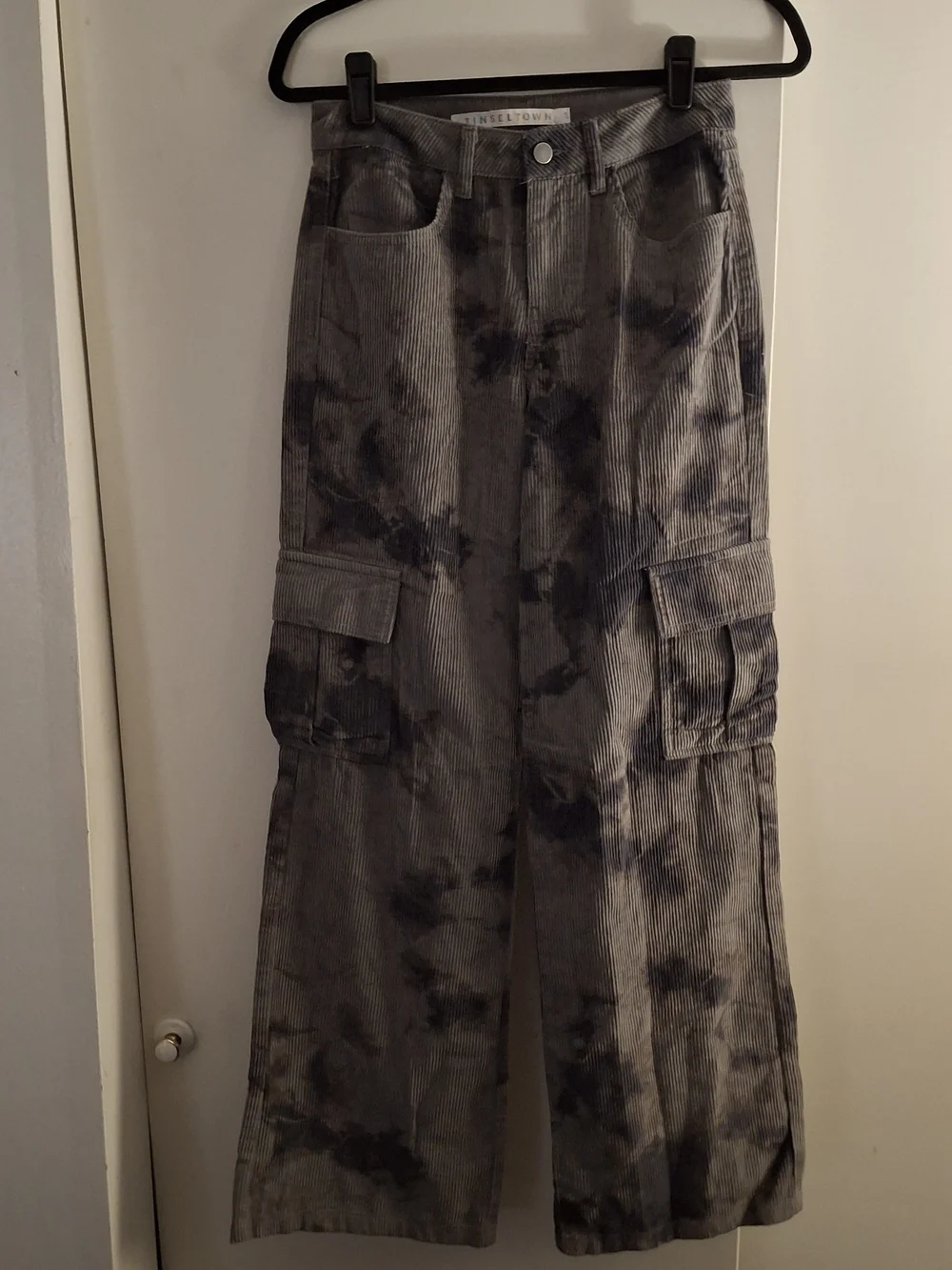 Tinseltown Women's Gray Tie-dye Corduroy Cargo Pants